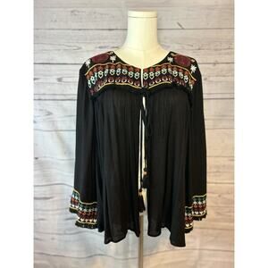 Boho Embroidered Black Fringe Tassel Cape Top Size L